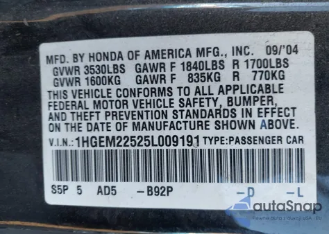 2005 Honda Civic Lx z USA, uszkodzony, nr VIN 1HGEM22525L009191